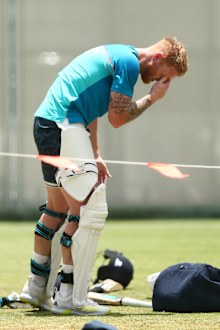 Ben Stokes after being hit during an England Ashes nets session at The Gabba on Sunday.