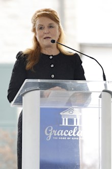 Sarah Ferguson, Duchess of York, speaks at the public memorial for Lisa Marie Presley on January 22, 2023 in Memphis, Tennessee. Presley, 54, the only child of American singer Elvis Presley, died January 12, 2023 in Los Angeles. 