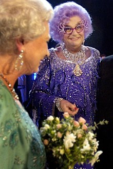Dame Edna with Queen Elizabeth at the 75th Royal Variety Performance in 2003.
