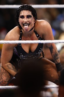 Rhea Ripley celebrates her WrestleMania 39 victory. 