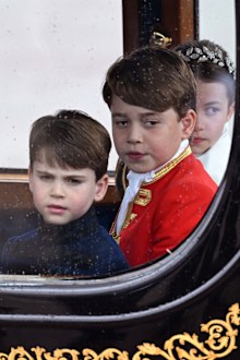 LONDON, ENGLAND - MAY 06: (L-R) Prince Louis of Wales, Prince George of Wales and Princess Charlotte of Wales depart the Coronation service of King Charles III and Queen Camilla on May 06, 2023 in London, England. The Coronation of Charles III and his wife, Camilla, as King and Queen of the United Kingdom of Great Britain and Northern Ireland, and the other Commonwealth realms takes place at Westminster Abbey today. Charles acceded to the throne on 8 September 2022, upon the death of his mother,
