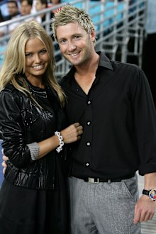 Lara Bingle and Michael Clarke attend the Hyundai Club Challenge match between Sydney FC and the LA Galaxy at Telstra Stadium on November 27, 2007 in Sydney, Australia.  