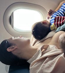 Alexa and her kids on a plane. 