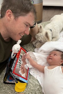 Nine's Tracy Vo's husband Liam Connolly with daughter Mila. 