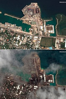 This combination of the satellite images provided by Maxar Technologies shows homes and buildings in Tonga on Dec. 29, 2021, top, and on Jan. 18, 2022.