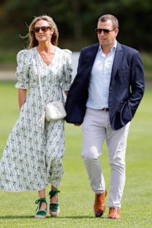 Harriet Sperling and Peter Phillips attend the Out-Sourcing Inc. Royal Charity Polo Cup 2024 at The Castle Ground, Guards Polo Club, Flemish Farm on July 12, 2024 in Windsor, England. (Photo by Max Mumby/Indigo/Getty Images)