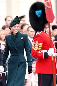 LONDON, ENGLAND - MARCH 17: Catherine, Princess of Wales smiles during the 2025 Irish Guards' St. Patrick's Day Parade at Wellington Barracks on March 17, 2025 in London, England. Catherine, Princess of Wales attends the parade as Colonel of the Regiment. (Photo by Chris Jackson/Getty Images)