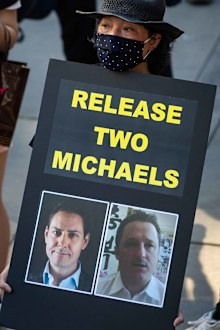 A rally in Vancouver, Canada, to release the two Canadians accused of espionage in China.