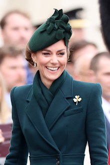 LONDON, ENGLAND - MARCH 17: Catherine, Princess of Wales smiles during the 2025 Irish Guards' St. Patrick's Day Parade at Wellington Barracks on March 17, 2025 in London, England. Catherine, Princess of Wales attends the parade as Colonel of the Regiment. (Photo by Chris Jackson/Getty Images)