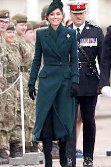 LONDON, ENGLAND - MARCH 17: Catherine, Princess of Wales smiles during the 2025 Irish Guards' St. Patrick's Day Parade at Wellington Barracks on March 17, 2025 in London, England. Catherine, Princess of Wales attends the parade as Colonel of the Regiment. (Photo by Chris Jackson/Getty Images)