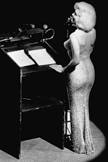 Actress Marilyn Monroe sings "Happy Birthday" to President John F. Kennedy