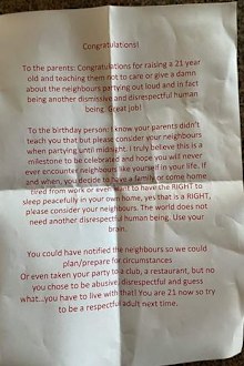 Neighbour letter about loud young people