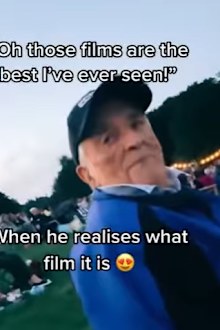Grandpa gets excited to see The Greatest Showman at outdoor cinema.