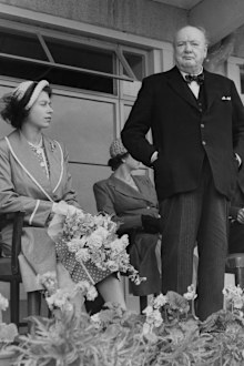 Winston Churchill delivers an address in the presence of Princess Elizabeth, 1951