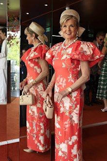 Julie Bishop poses for a photo during 2025 Melbourne Cup Day at Flemington Racecourse on November 4, 2025 in Melbourne, Australia. 