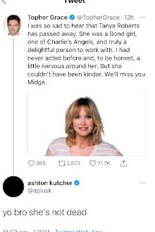 That '70s Show, Ashton Kutcher, tweets, co-stars Topher Grace, Debra Jo Rupp, Tanya Roberts, death