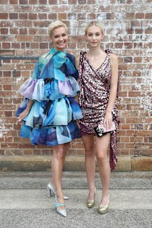 Jessica Rowe and Allegra Overton pose at the Romance Was Born 'Stronger Together' Winter '23 Collection Launch from within Yore's installation WORD MADE FLESH at Carriageworks on February 21, 2023 in Sydney, Australia. 