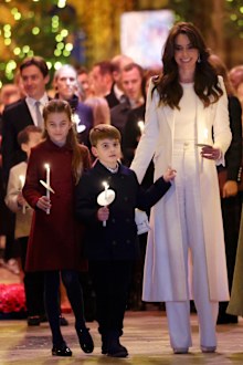 LONDON, ENGLAND - DECEMBER 08: Princess Charlotte of Wales, Prince Louis of Wales and Catherine, Princess of Wales attend The "Together At Christmas" Carol Service at Westminster Abbey on December 08, 2023 in London, England. Spearheaded by The Princess of Wales, and supported by The Royal Foundation, the service is a moment to bring people together at Christmas time and recognise those who have gone above and beyond to help others throughout the year. (Photo by Chris Jackson/Getty Images)