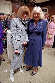 NEW YORK, NEW YORK - APRIL 29: Queen Camilla greets Anna Wintour during a literary engagement at New York Public Library on day three of the State Visit of King Charles III and Queen Camilla to the United States of America, on April 29, 2026 in New York, New York. Queen Camilla launched The Queen's Reading Room in 2023, a charity working to celebrate and promote the power of reading across the UK and beyond. (Photo by Chris Jackson/Getty Images)