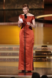 LOS ANGELES, CALIFORNIA - SEPTEMBER 14: Britt Lower accepts the Outstanding Lead Actress in a Drama Series award for "Severance" onstage during the 77th Primetime Emmy Awards at Peacock Theater on September 14, 2025 in Los Angeles, California.  (Photo by Kevin Winter/Getty Images)