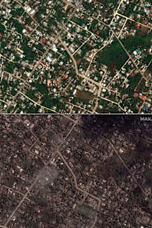 This combination of the satellite images provided by Maxar Technologies shows homes and buildings in Tonga on Dec. 29, 2021, top, and on Jan. 18, 2022.