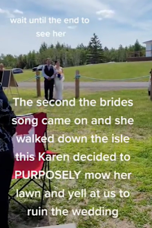 Neighbour mows lawn during wedding video
