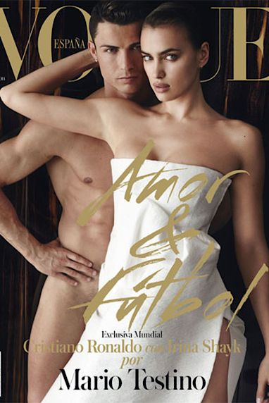 <b>Football superstar Cristiano Ronaldo has left little to the imagination ahead of the World Cup after agreeing to strip-off for a photoshoot with his girlfriend Irina Shayk.</b><br/><br/>Ronaldo, who'll lead Portugal's charge in Brazil, got his gear off for Spain's Vogue magazine and appears on its front cover, standing naked, behind his Russian partner.<br/><br/>Video of the photoshoot shows them in a series of intimate poses, cementing their reputation as football's hottest couple.