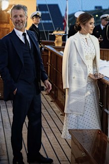 King Frederik and Queen Mary of Denmark on board the royal yacht Dannebrog at the Port of Hanstholm in the Thisted Municipality as part of their summer cruise on August 26, 2025.