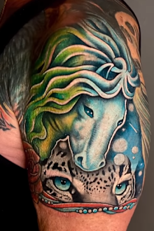 Sylvester Stallone covers up second tattoo of Jeniffer Flavin with a colour horse and leopard combo.