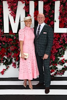 GOLD COAST, AUSTRALIA - JANUARY 17: Magic Millions ambassador Zara Tindall and Mike Tindal arrival pose during the Magic Millions Raceday at Gold Coast Turf Club at on January 17, 2026 in Gold Coast, Australia. (Photo by Chris Hyde/Getty Images)