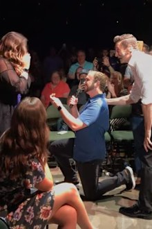 Hugh Jackman helps fan Joe Kripal propose to girlfriend Sanaa Ahmed during world tour