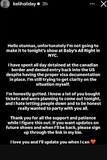 Adam Hyde Keli Holiday forced to cancel New York show 