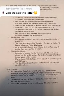 Some of the expectations as outlined in Lisa's letter to her bridesmaids.