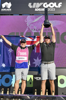 Talor Gooch of the RangeGoats holds up the LIV Golf trophy in Adelaiade.