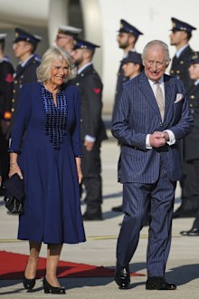 King Charles III, right, and Queen Camilla arrive at Rome's International Airport G.B. Pastine in Ciampino for a four-day official visit to Italy, Monday, April 7, 2025. (AP Photo/Andrew Medichini)