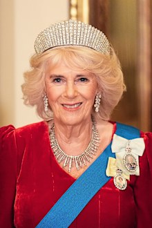 Queen Camilla, wearing the Kokoshnik tiara, is seen ahead of a state banquet at Buckingham Palace during day one of The Amir of the State of Qatar's visit to the United Kingdom on December 3, 2024 in London, England. His Highness Sheikh Tamim bin Hamad Al Thani, Amir of the State of Qatar, accompanied by Her Highness Sheikha Jawaher bint Hamad bin Suhaim Al Thani, will hold several engagements with The Prince and Princess of Wales, The King and Queen as well as political figures. 
