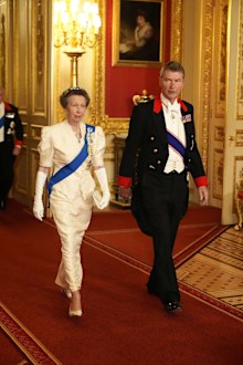 WINDSOR, ENGLAND - SEPTEMBER 17:  Princess Anne, Princess Royal and Vice Admiral Timothy Laurence arrive for the State Banquet hosted by King Charles III and members of the Royal Family at Windsor Castle during the state visit by the President of the United States of America on September 17, 2025 in Windsor, England. President Trump is in England from Sept. 16-18 on his second UK state visit, with the previous one taking place in 2019 during his first presidential term.  (Photo by Aaron Chown-WP