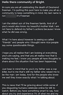 Koah Freeman's Facebook post regarding his father Dezi Freeman's shooting death.