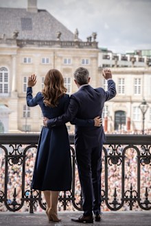 King Frederik X and Queen Mary of Denmark on the balcony of Frederik VIII's Palace at Amalienborg on King Frederik X's 57th birthday, Monday May 26 2025.