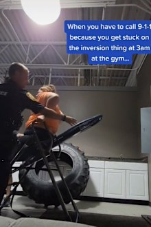woman stuck upside down at gym