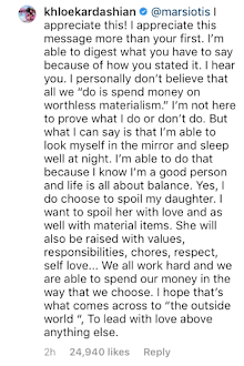 Khloe Kardashian's response to a fan who said she spends money on "worthless materialism."