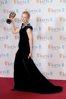 Cate Blanchett poses with the Leading Actress Award for her performance in 'Tár' during the 2023 EE BAFTA Film Awards, held at the Royal Festival Hall on February 19, 2023 in London 