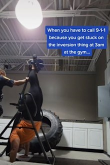 woman stuck upside down at gym