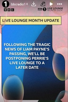 BBC Radio 1 announce the postponement of Perrie Edwards' live lounge performance