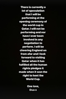 Dua Lipa confirms she will not perform at the Qatar World Cup amid country's human rights violations