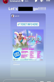 Tones and I shares she will be joining Pink on tour via her Instagram story 
