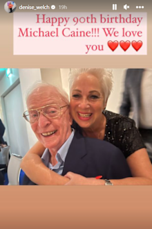 Loose Women star Denise Welch smiles with Sir Michael Caine at his 90th Birthday Party.