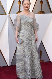 Lesley Manville arrives at the Oscars on Sunday, March 4, 2018, at the Dolby Theatre in Los Angeles.