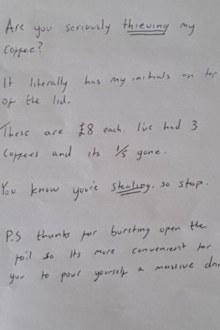 note about stolen coffee on Reddit