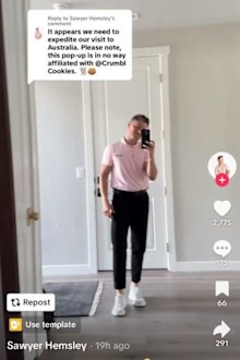 The owner of a celeb favourite cookie company has indicated it is coming to Australia, after a one-off pop-up shop left fans upset as it was nothing to do with the firm.Sawyer Hemsley, who started mega brand Crumbl Cookie has responded to the saga over a 'pop-up' sale at the weekend in Bondi.